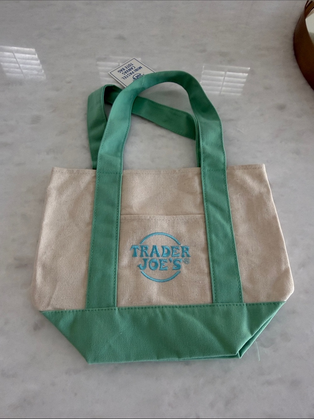 Trader Joe's Cream and Mint Green Canvas Tote